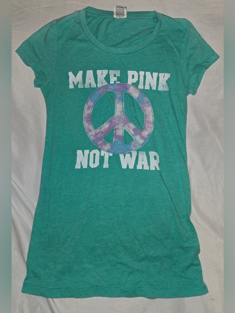 PINK Victoria's Secret  'Make Pink Not War' Teal Graphic Tee Sz M - Picture 2 of 5
